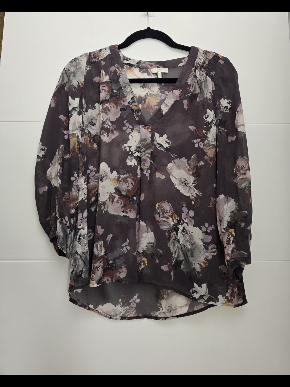 Joie Silk Floral Blouse Top Size S Small V-Neck Sheer Purple Gray Long Sleeve